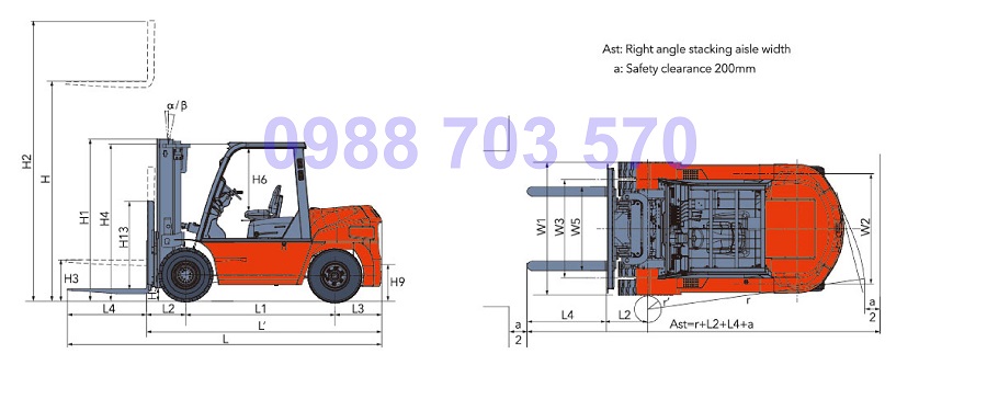 kích thước xe nâng dầu diesel 10 tấn